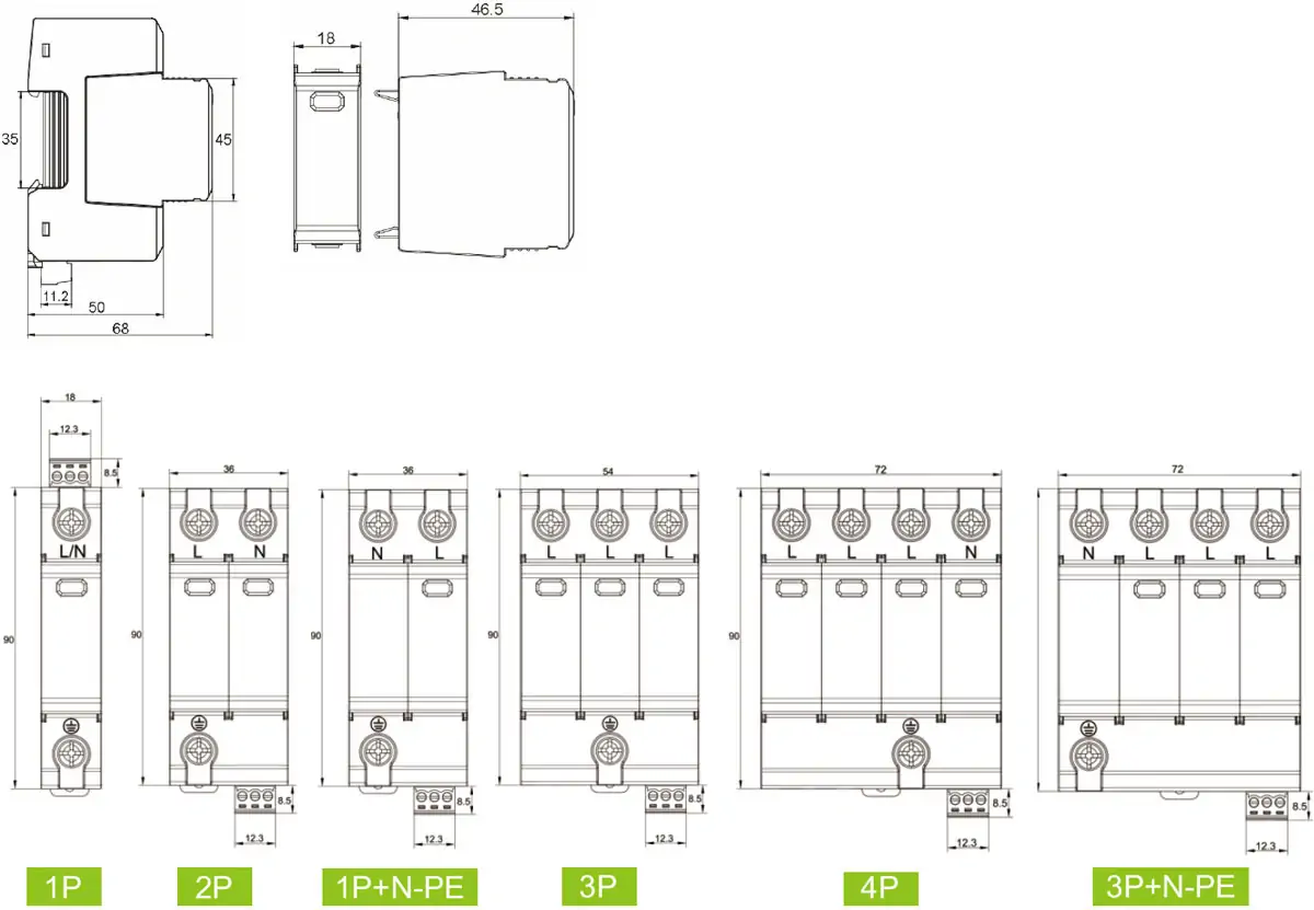 GSP9-C40 Surge Protective Device Dimension Details and Installation Size Drawing