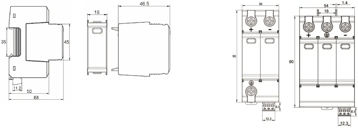 GSP9-C40PV 600V 1000V DC Surge Protective Device Dimension Details and Installation Drawing