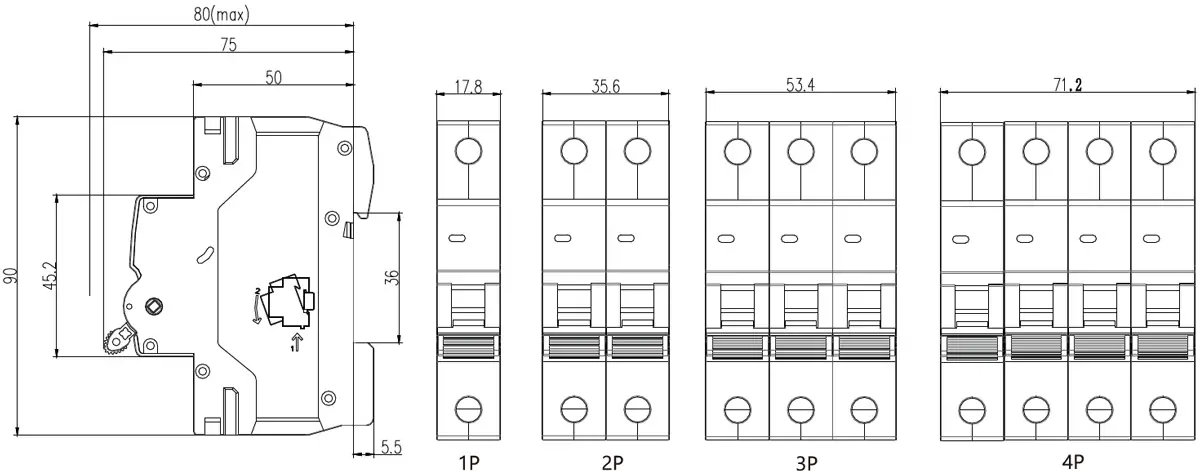 GYM9H-125 DC Miniature Circuit Breaker Outline Overall and Installation Dimensions Drawing
