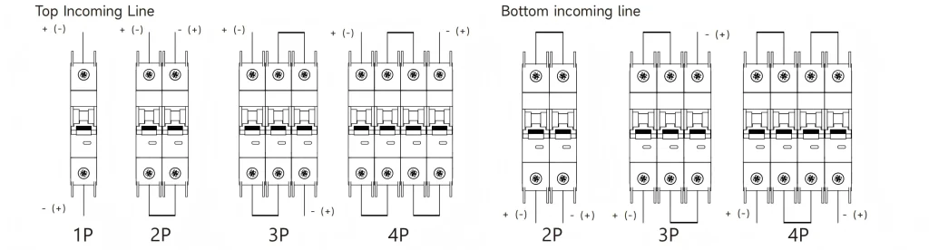 GYM9H-63-ZW DC miniature circuit breaker wiring diagram showing correct DC circuit connection and installation method