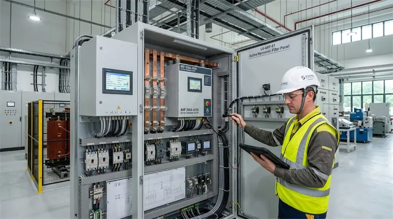 Active harmonic filter installed in industrial electrical cabinet