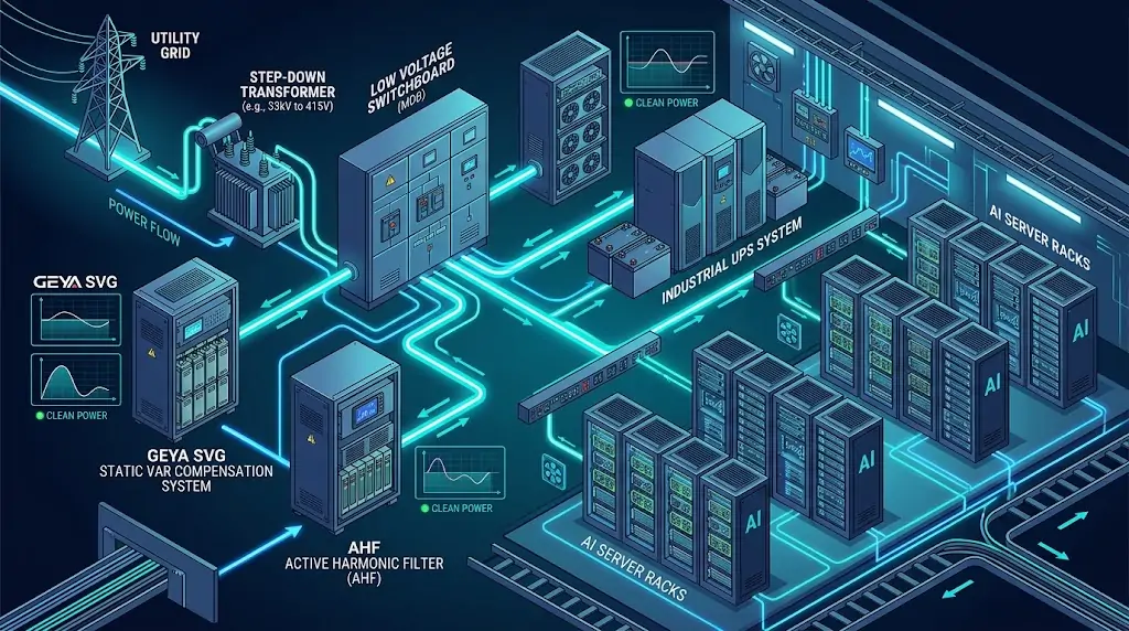 Data center power quality management architecture using SVG harmonic filtering and UPS protection solutions