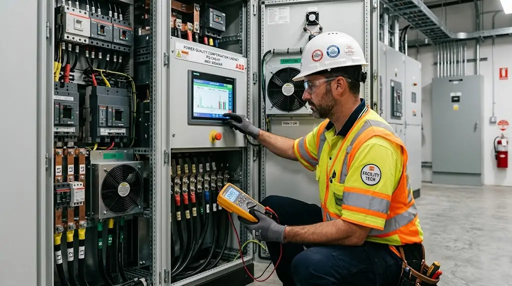 Engineer inspecting GEYA power quality equipment cabinet during preventive maintenance