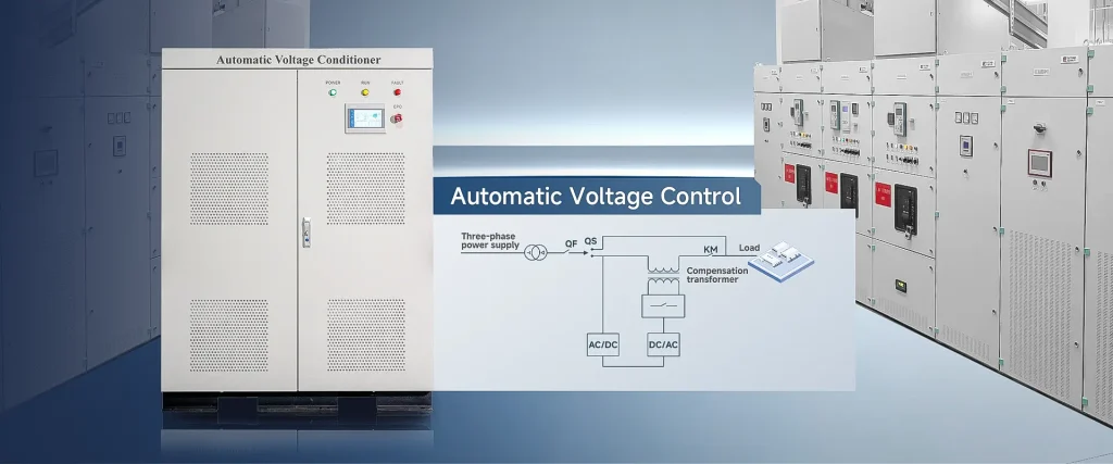 GY-AVC Unified Power Quality Control Device working principle diagram showing AC-DC-AC conversion, voltage detection, stepless voltage regulation and stable power output