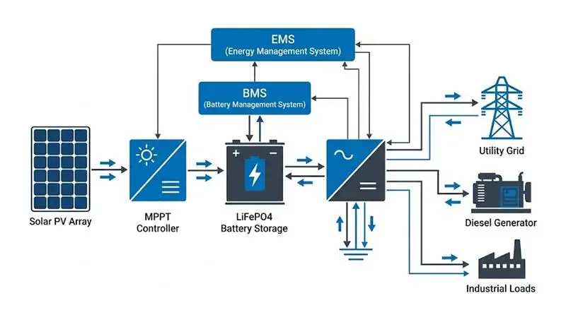 C&I all-in-one energy storage system architecture with solar battery grid and loads
