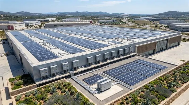 Commercial and industrial rooftop solar array with multi-string PV combiner boxes