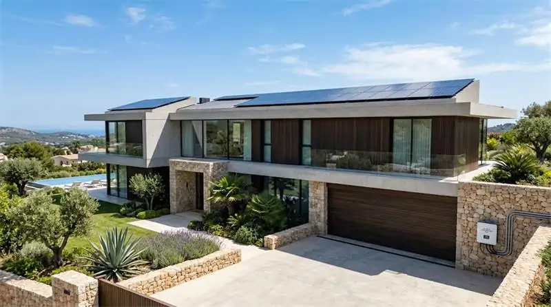 Residential rooftop solar installation with outdoor IP65 PV combiner box