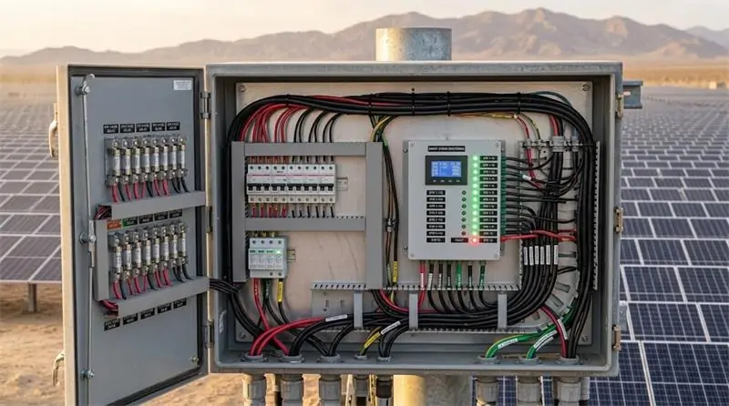 Intelligent PV combiner box with string current monitoring and DC surge protection
