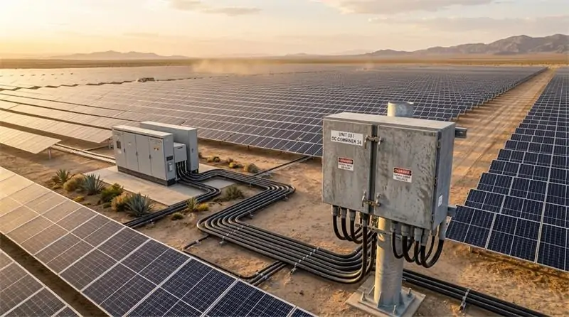 Heavy-duty 1000V DC PV combiner box installed in utility-scale ground solar plant