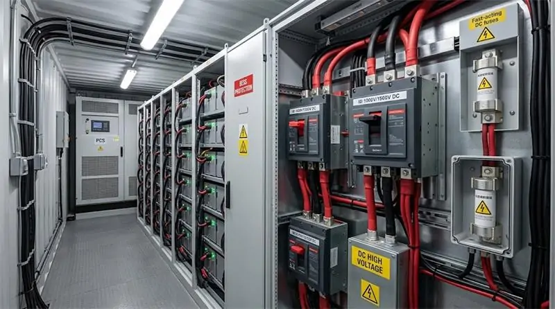 High-breaking DC molded case circuit breakers and DC fuses protecting commercial BESS LiFePO4 battery banks