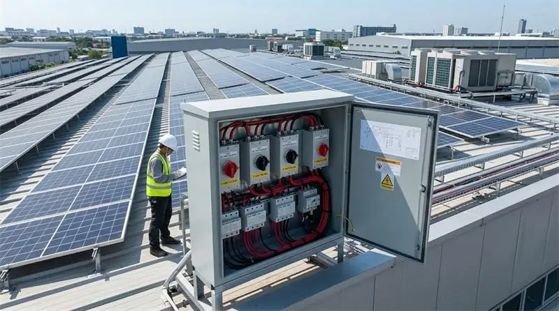 High-voltage DC protection switchgear preventing arc faults and surges in commercial rooftop solar installations