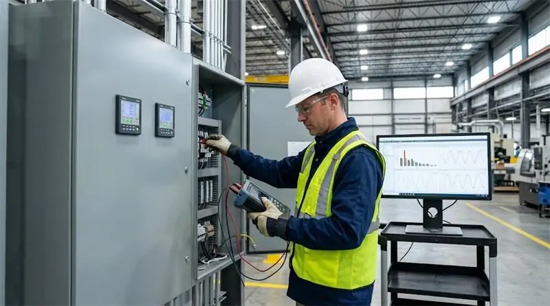 Electrical engineer monitoring power quality measurements in an industrial distribution system