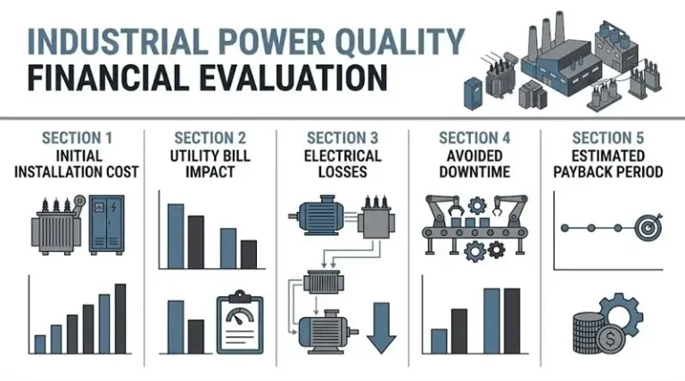Power quality project ROI evaluation showing equipment investment, operating costs, avoided downtime, and potential financial benefits
