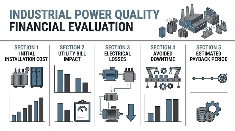Power quality project ROI evaluation showing equipment investment, operating costs, avoided downtime, and potential financial benefits