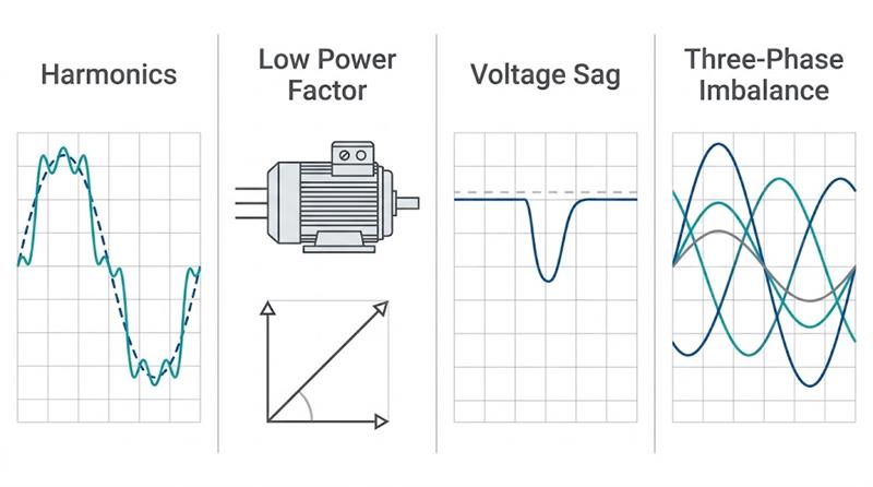 Four common industrial power quality problems including harmonics, low power factor, voltage sags, and phase imbalance