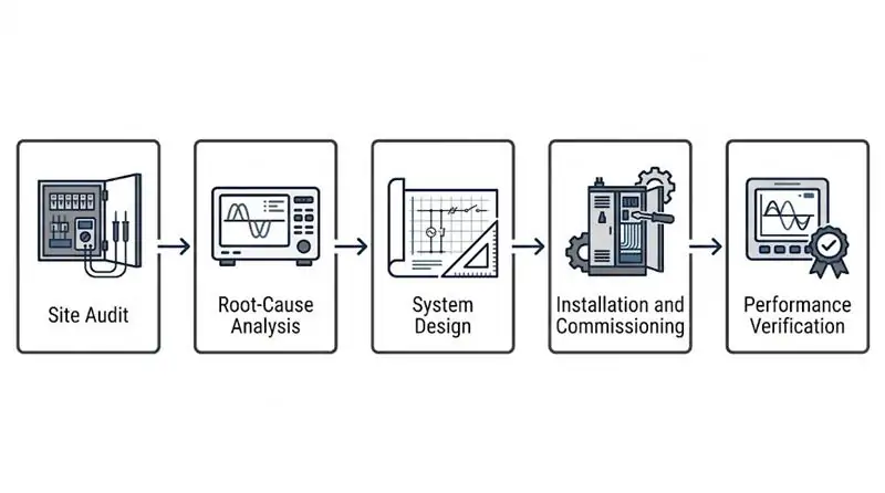 Five-step industrial power quality implementation process from site audit to performance verification
