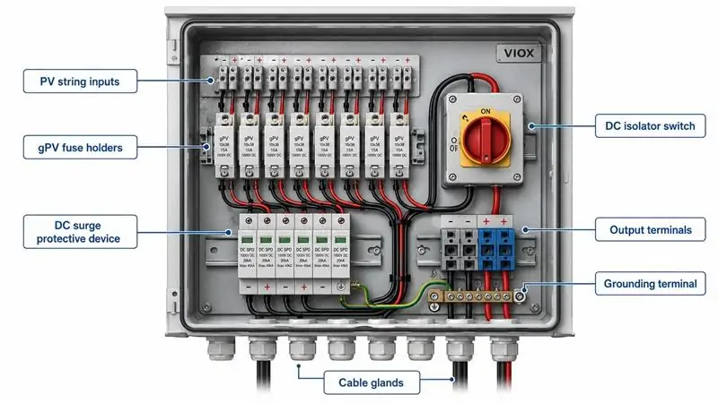 Internal components of a PV combiner box including DC fuses, surge protection devices and disconnect switches