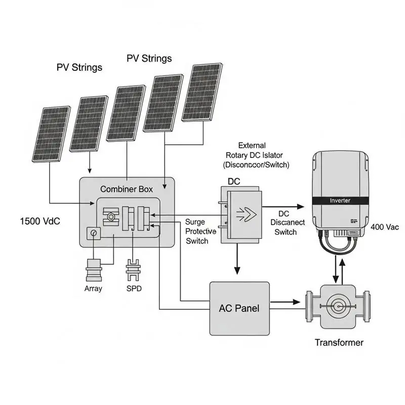 Diagram showing multiple solar PV strings connected to a DC combiner box and inverter