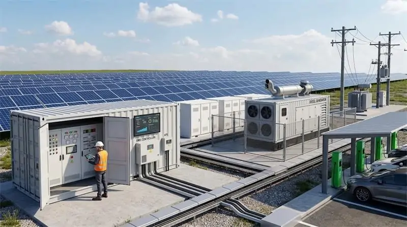Electrical switchgear, automatic transfer switch, and DC components for hybrid solar-storage-diesel microgrid systems
