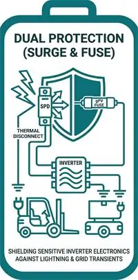 Dual protection icon featuring DC surge protective device and precision ceramic gPV fuse